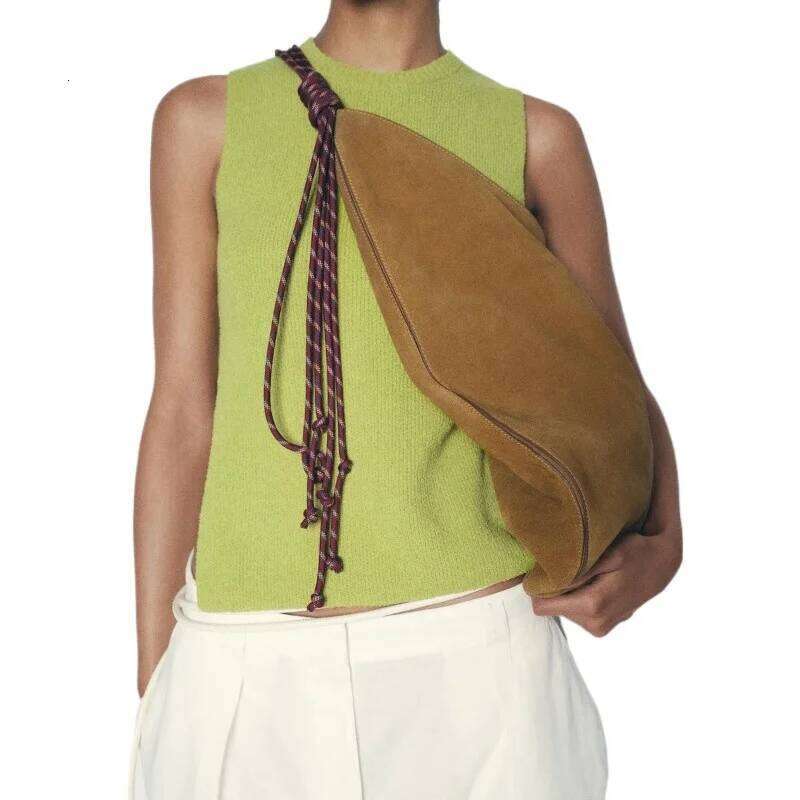 Split Leather Shoulder With Cord Strap High Quality Dark Tan Faux Suede Bucket Women Large Capacity Casual Crossbody Bag