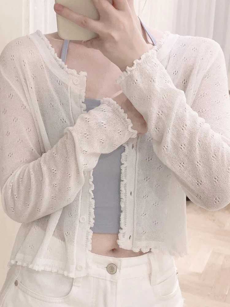2025 Women Summer Sun Protection Coat Lace Hollow Cardigan Lolita Female Blouse Tops Covers Blusa Y2K Korean All Match Tops X250724