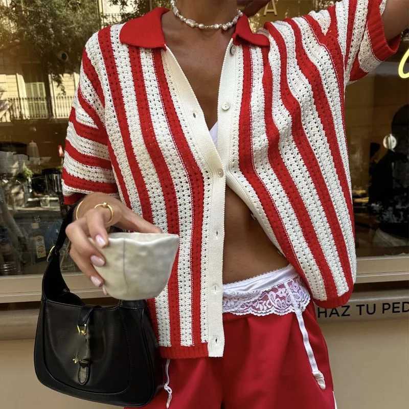 Elegant Lapel Short Sleeve Loose Shirts Casual Single Breasted Hollow Tops Early Autumn New Stripe Contrast Color Knit Cardigans X250724