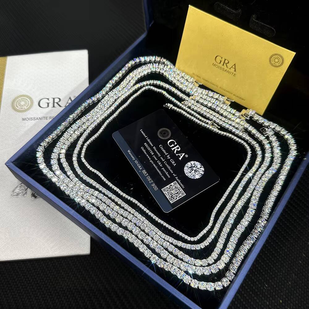 925 Sterling Sliver Moissanite Chain Necklace Hip Hop Iced Out 2mm 3mm 4mm Vvs Moissanite Diamond Tennis Chain for Men Women