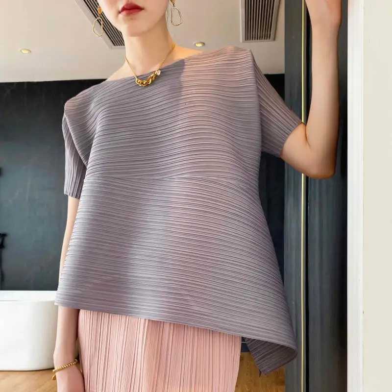 All-match Summer Loose Striped Round Neck Spliced Slanted Top X250724