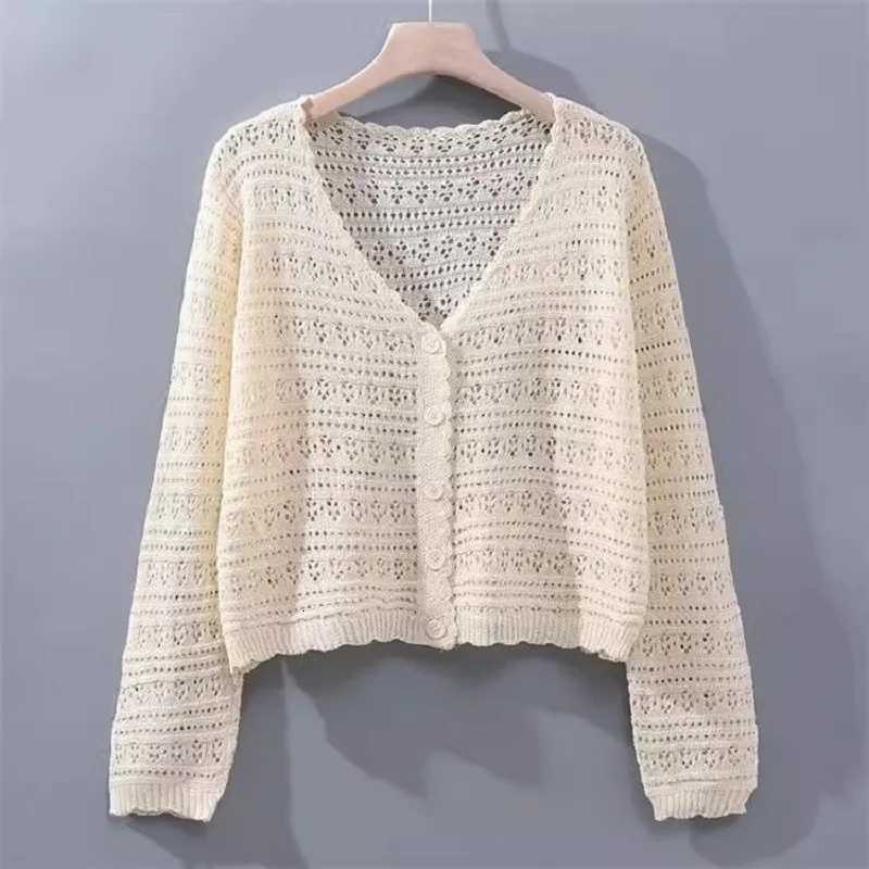 V-neck long-sleeve cardigan jacket sun protection cardigan outerwear thin jacket womens summer hollow knit jacket X250724