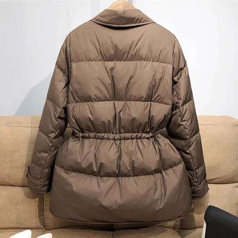 Lagabogy New Winter Women White Duck Down Coat Female Notched Collar Double Breasted Coats Casual Lady Drawstring Puffer Outwear 250725