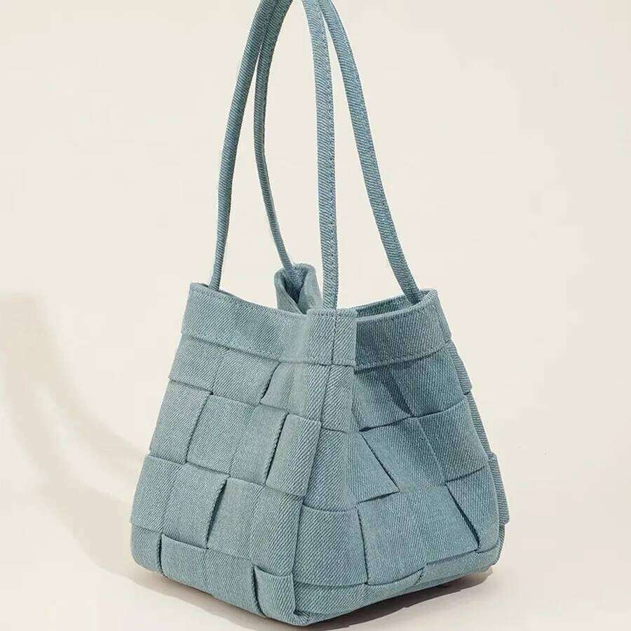 New Women Woven Handbag Simple Stylish Bucket Denim Shoulder Crossbody Bag