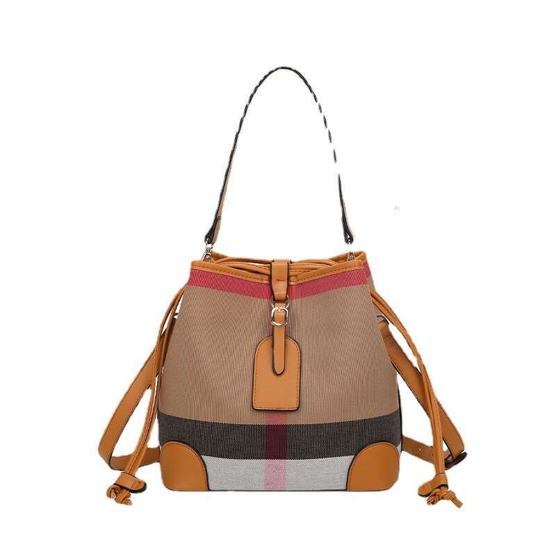 Fashion Canvas Plaid High-End Drawstring Bucket Bag New Women's Handbag Single Shoulder Crossbody