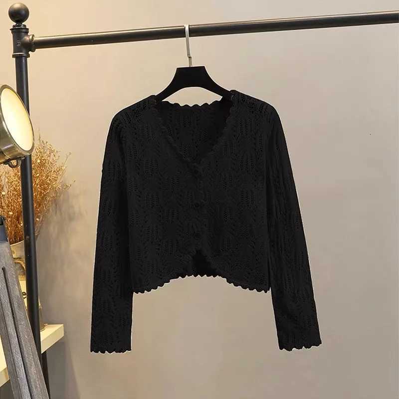 2025 New Summer Hollow Out Knitted Sweater Cardigan Ice Silk Thin Short Shawl Top Womens Long Sleeve V-neck Sunscreen Jacket X250724
