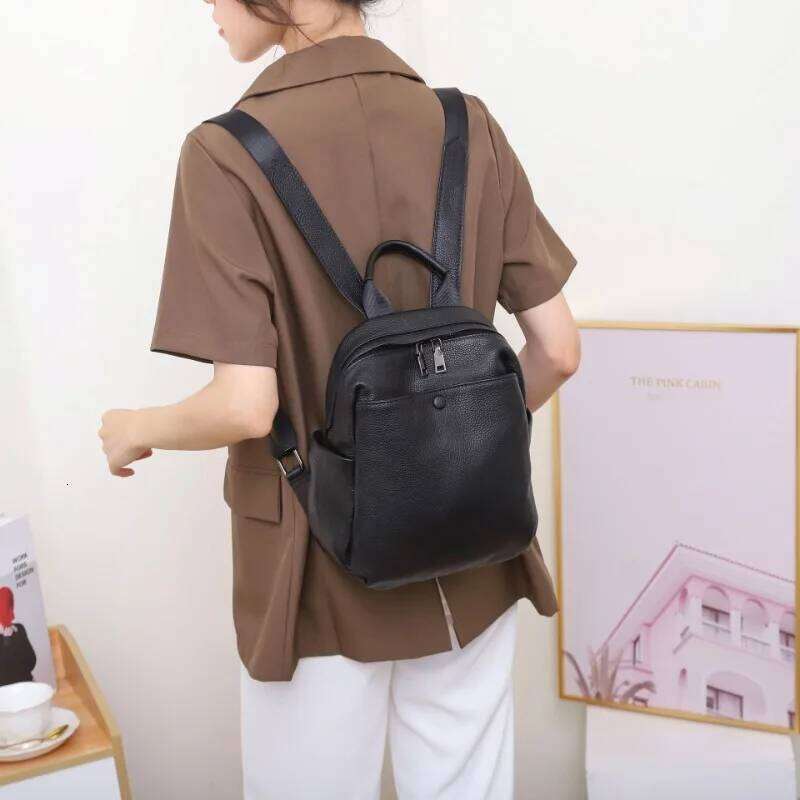 Women's Real Cow Leather Campus Style Backpack, Large Capacity, Multiple Pockets, Soft Casual Solid Color Travel Bag