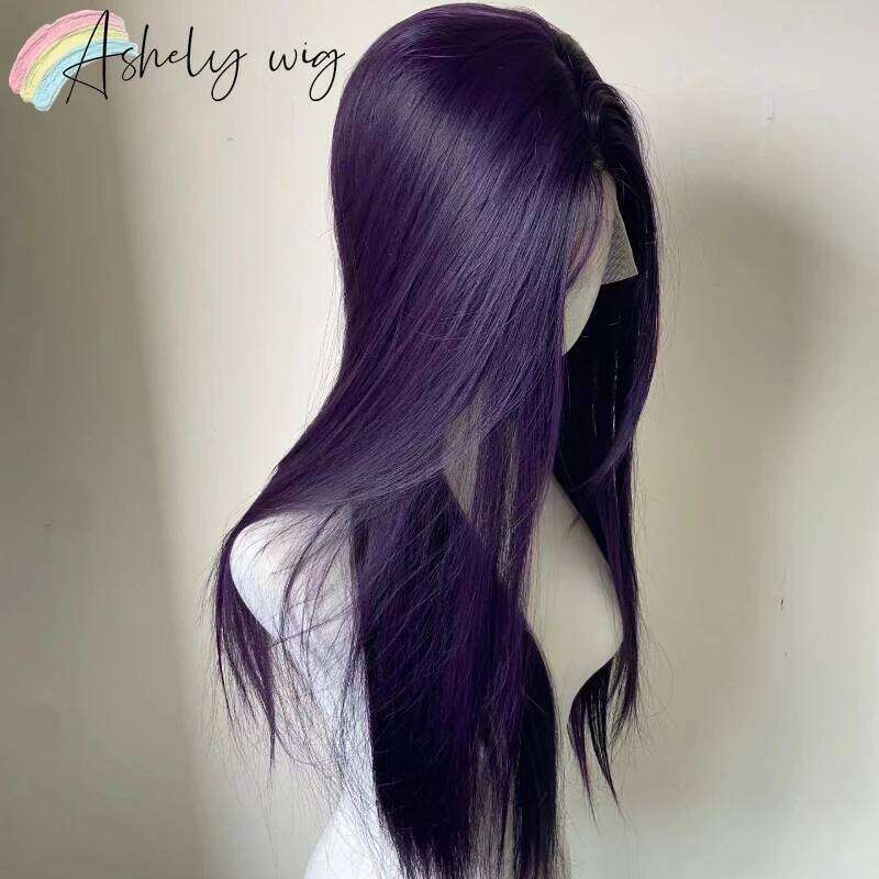 Dark Wig Long Straight Human Hair Purple Synthetic Front For Woman Daily Use Heat Resistant Fiber Glueless Lace Wigs