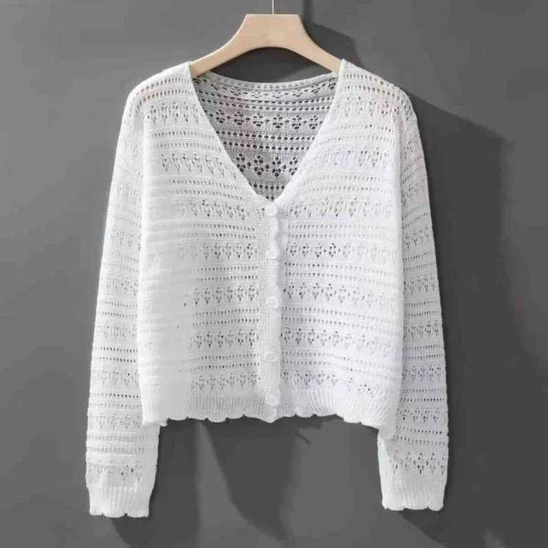 2025 Summer Womens Hollow Out Sunscreen Cardigan Fashion Long Sleeve Thin Tops Female Solid Single Breasted Knit Sweater X250724