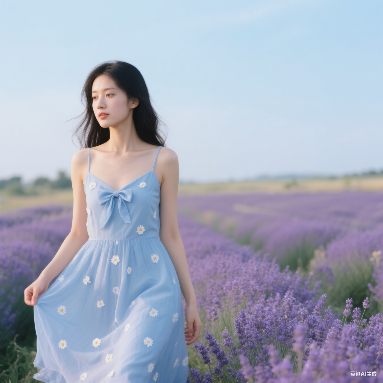 L24180Light blue mesh fairy dress, floral elements, flower field travel must-have sweet outfit