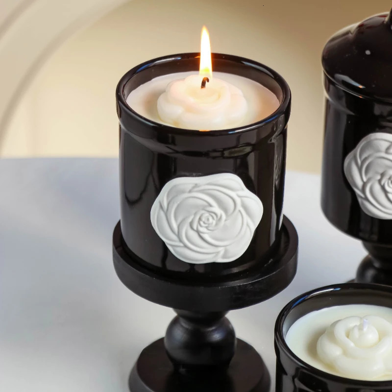 Luxury French Camellia Black Ceramic Mug Aromatherapy Cup Coffee Mugs Home Decoration Candle Wooden Holder Household Ornaments 250724