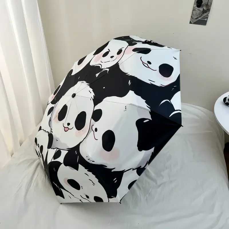 Ladies Cute Umbrella Panda Three Fold Windproof Travel Umbrella Black Coating Sunscreen Girls Sunshade Umbrella R250724