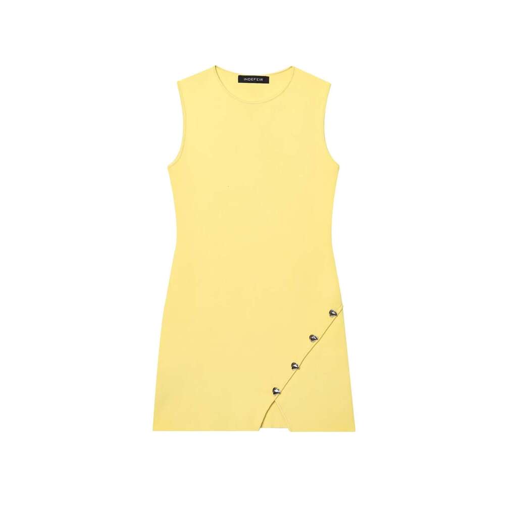 TRAFZA Women's Summer Round Neck Sleeveless Irregular Button Decor Knitted Dress B5 b6