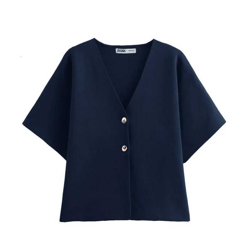 Plain knit short-sleeve cardigan for women traf 2024 with metal buttons for decoration V-neck and loose short sleeve design X250724