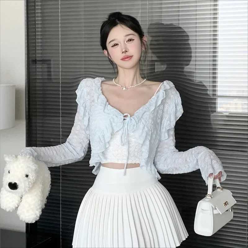 French Swt Ruffles Women Thin Cardigan Summer Lace Patchwork Chiffon Cropped Top Fashion V Neck Lace Up Sun Protection Blouse X250724