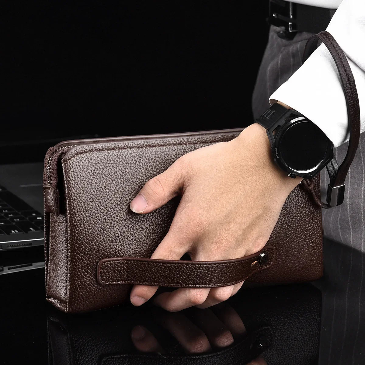 Mens Handheld Bag High end PU Leather Long Wallet Large Capacity Multi Card Slot Wrist Bag Password Anti theft Phone Bag 250723
