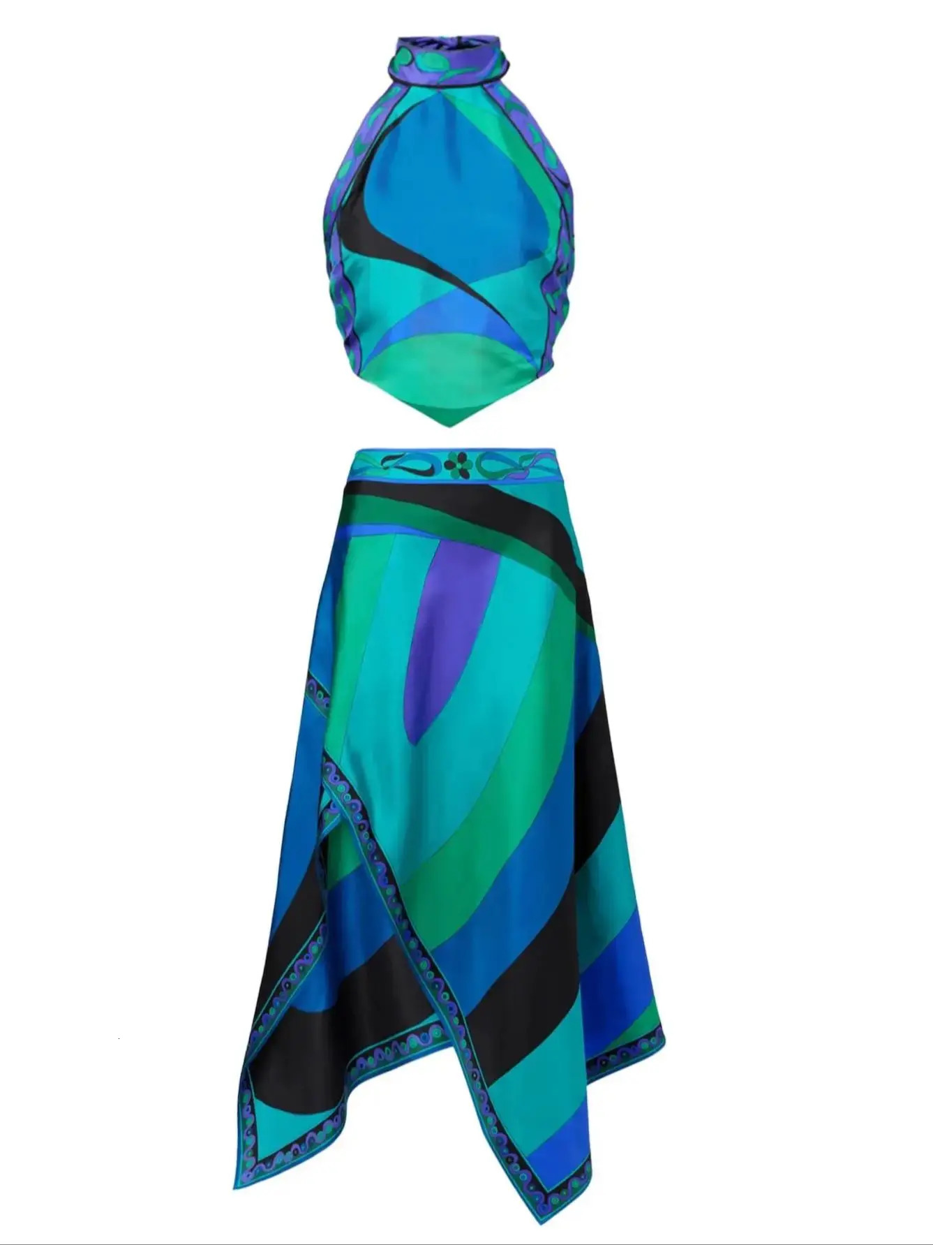 Print Two Piece Skirt Sexy Halter Beach Dress Women Bra High Waist A-line Long Skirt Suit Summer Holiday Seaside Casual Set 250717