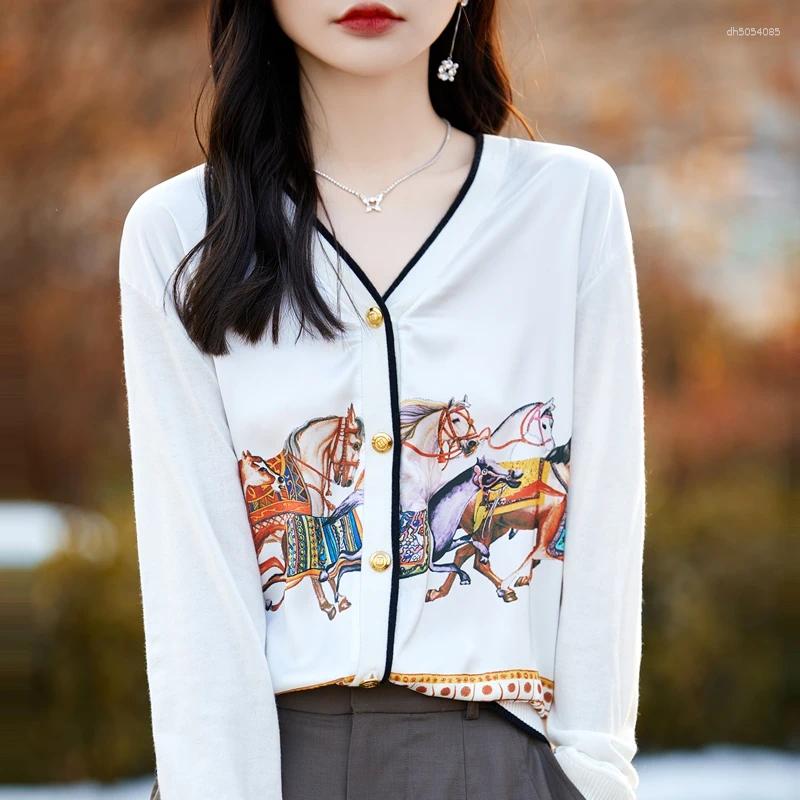 Women's Blouses Spring And Autumn Woven Wool Cardigan V-neck Color Matching Sweater Thin Loose Silk Printed Long Sleeve Knitted Jack