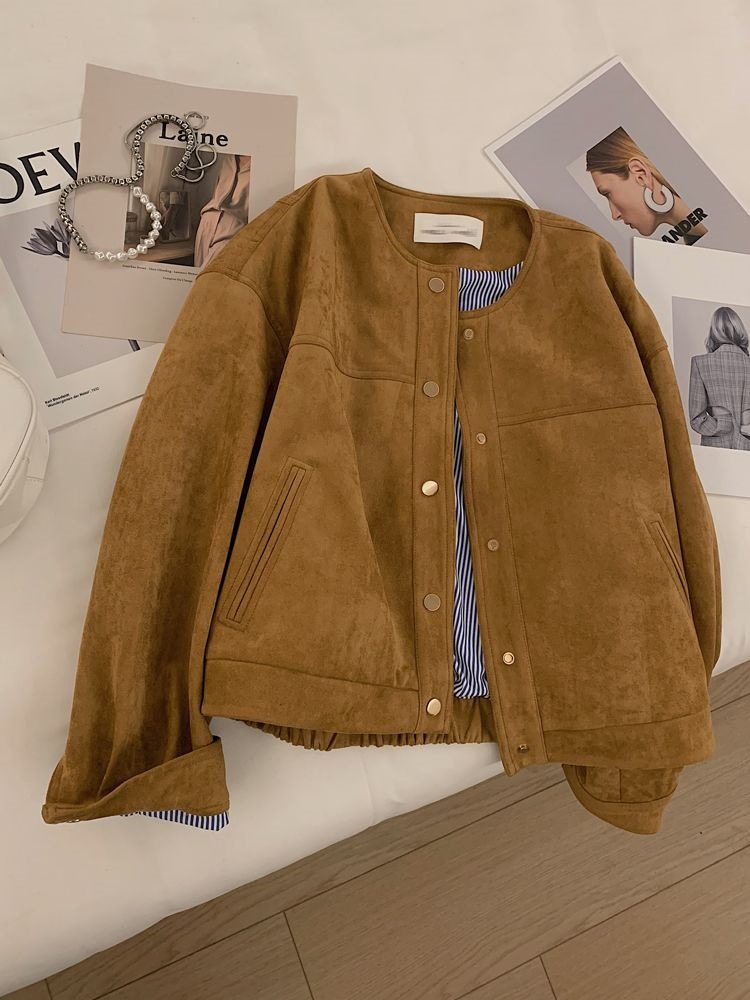 Vintage Suede Women's jacket Loose Short Coat O Neck Casual Jacket For Women autumn outwear korean Woman clothing ddmymarket