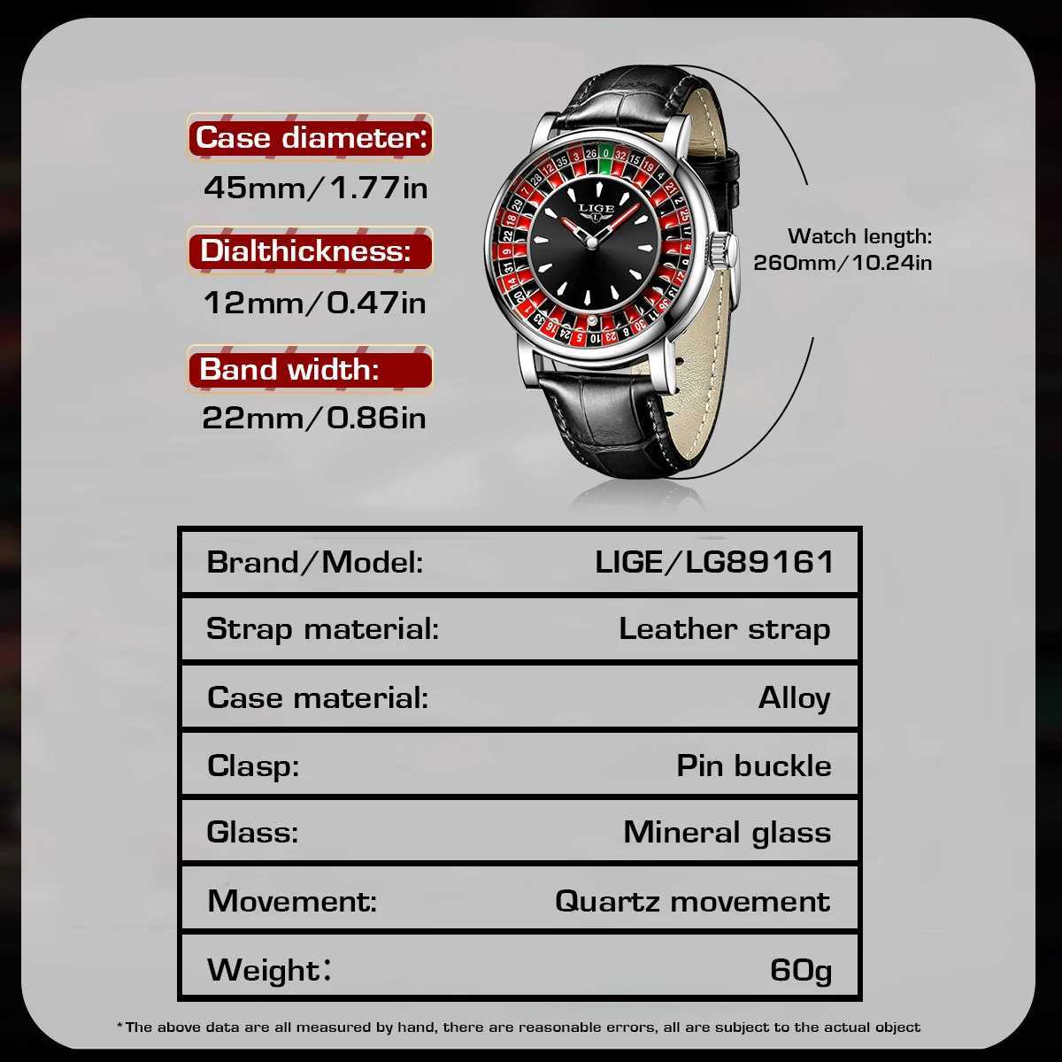 LIGE Quartz Mens Watch Fashion Luxury Creative Roulette Game Dial Design Leather Casual Life Waterproof Watches for Men Gifts + Box W250724