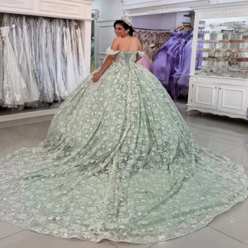 Mint Green Shiny Quinceanera Dresses Off Shoulder Ball Gown Sweet 16 Dress Sequin Applique Lace Beading Tull Birthday Vestidos De 15 Anos