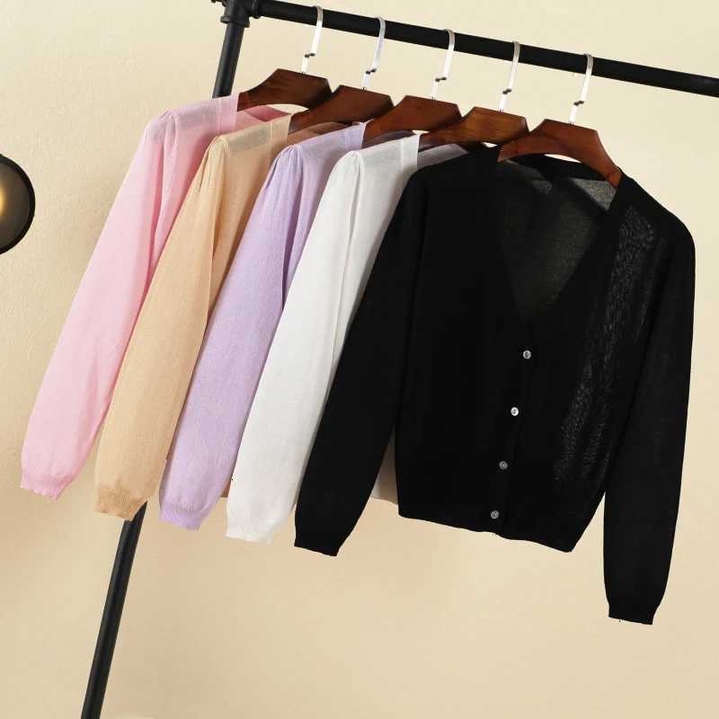 Summer Cardigan Women V-neck Blouses Crochet Top Clothing Cropped Button-down Outerwear Cute Knitted Ladies Sweaters Black Basic X250724