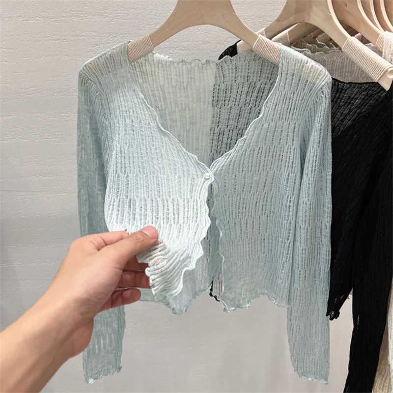 Summer Women Thin Sunscreen Cover Up Cardigan Lace-up Knitwear Tops Female Korean Long Sleeve Short Coat Casual Sun Protected X250724
