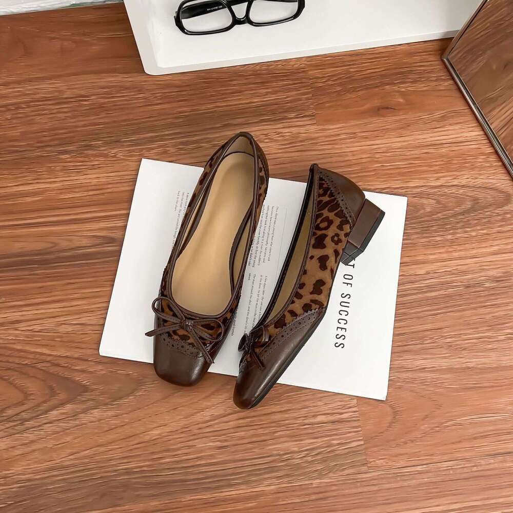Designer Women's Single Shoes with Bowknot, Leopard Print Patchwork, Shallow Mouth, Daily Versatile Comfortable Soft Sole High Heels