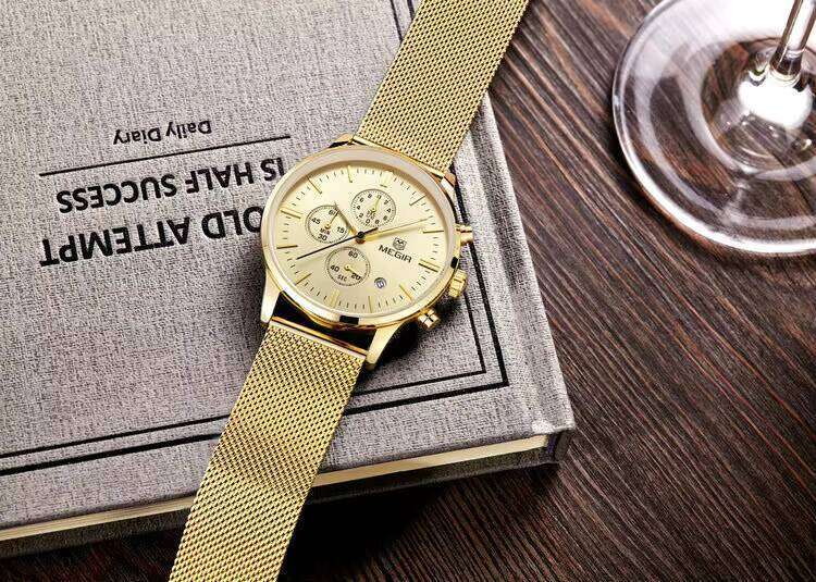 MEGIR Men's Ultra-Thin Chronograph Watch - Waterproof, Luminous, Date, 42.5mm Stainless Steel Mesh - Bulk Wholesale