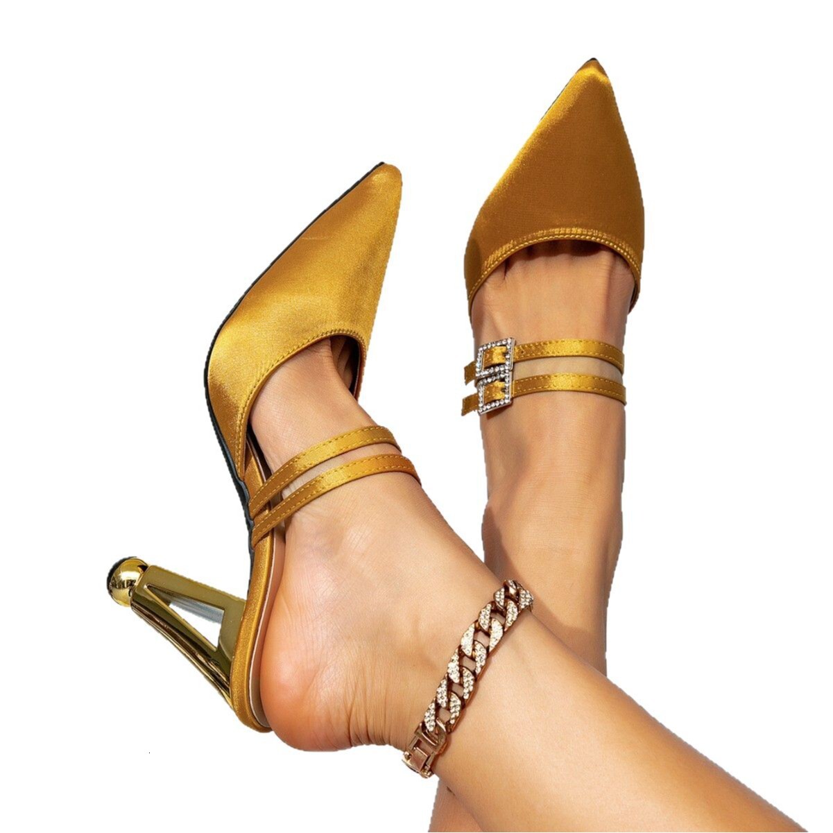 Designer sandals Gold High Sandals with Square Buckle Decoration, Simple Style, Pointed Toe, Irregular Heel Shoes, Women's Sandals, Mules