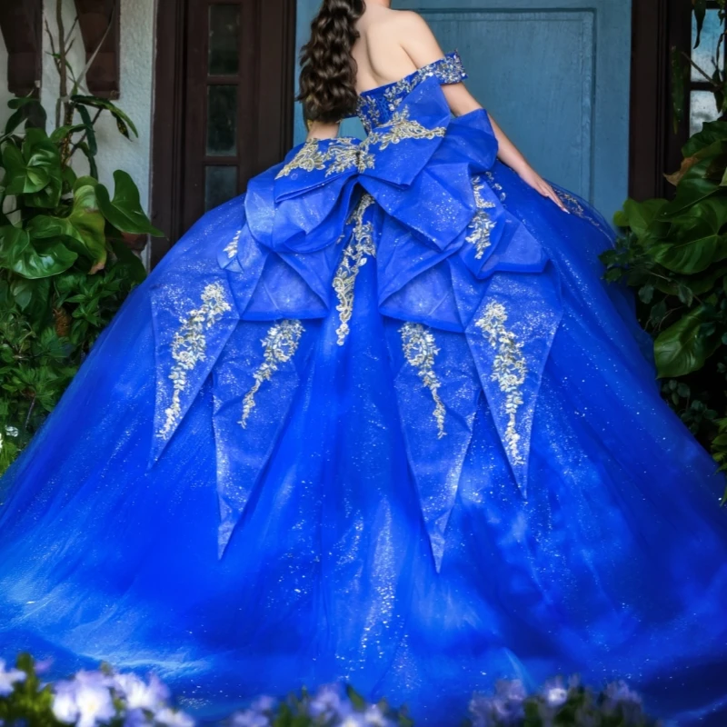 Royal Blue Shiny Quinceanera Dresses Off Shoulder Ball Gown Sweet 16 Dress Applique Lace Beading Crystal Bow Tull Birthday Party Vestidos 15 De Anos