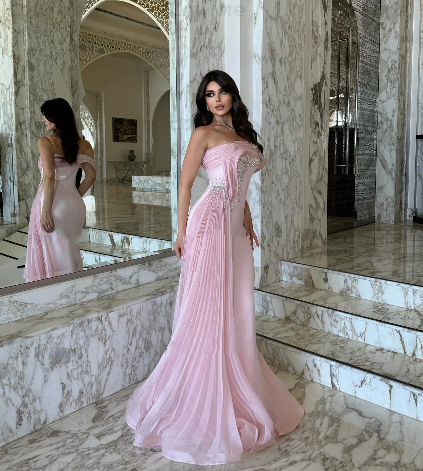Vintage Mermaid Evening Dresses For Women One Shoulder Sleeveless Gown Crystal Floor Length Dress Party Customized Dress