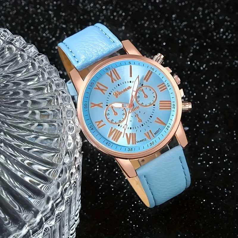 Fashion quartz watch and jewelry set shock-resistant circular analog digital display PU leather strap zinc alloy case W250724