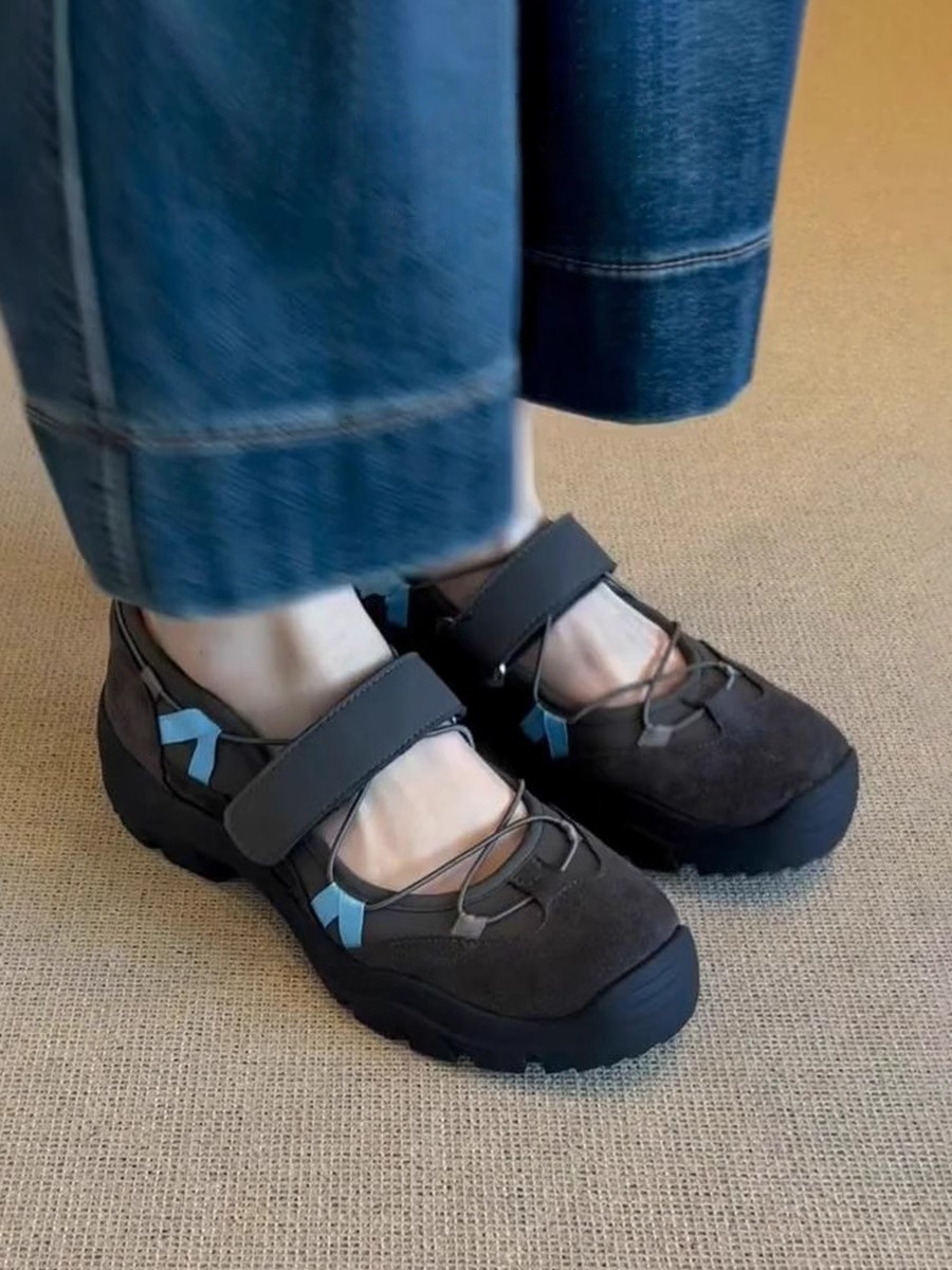 Cowhide Version ~ Thick-Soled Color-Block Sports Velcro Mary Jane for Women Genuine Leather Versatile Functional Style Single Shoes ddmythur