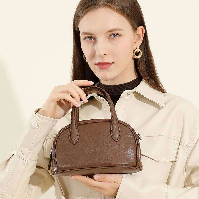 Vintage New Genuine Leather Women's Planttanned Cowhide Boston Bowling Bag, Niche One Cross Shoulder Handbag