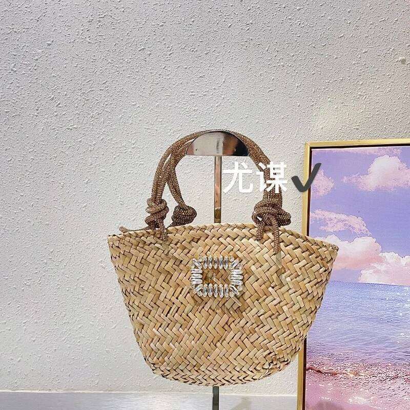 Summer Travel Vacation Handmade Woven Grass Beach Dia Shining Vegetable Basket Shopping Handheld Bag