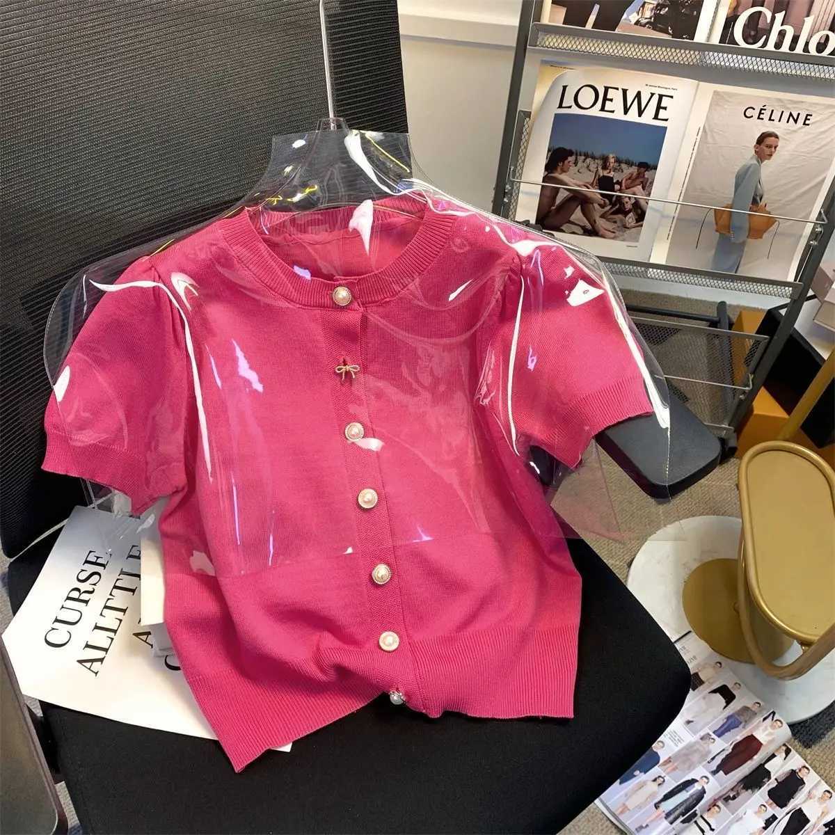 Female Casual Korean Puff Sleeve Knitting Cardigan Summer Temperament Buttons Solid Color O-neck Top Womens Simplicity Tops X250724