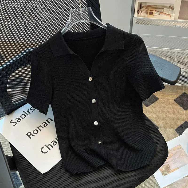 Womens Clothing Chic Polo-neck Knit Short Sleeve T-shirt Summer Casual Loose Thin All-match Cardigan Lady Solid Breathable Tops X250724