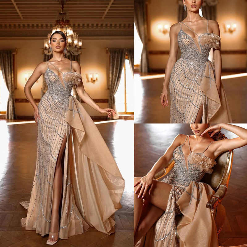 Graceful Evening Dresses Mermaid Strapless Crystals Sequined Sleeveless Side Split Prom Gowns Party Dresses Custom Made Vestidos de noche