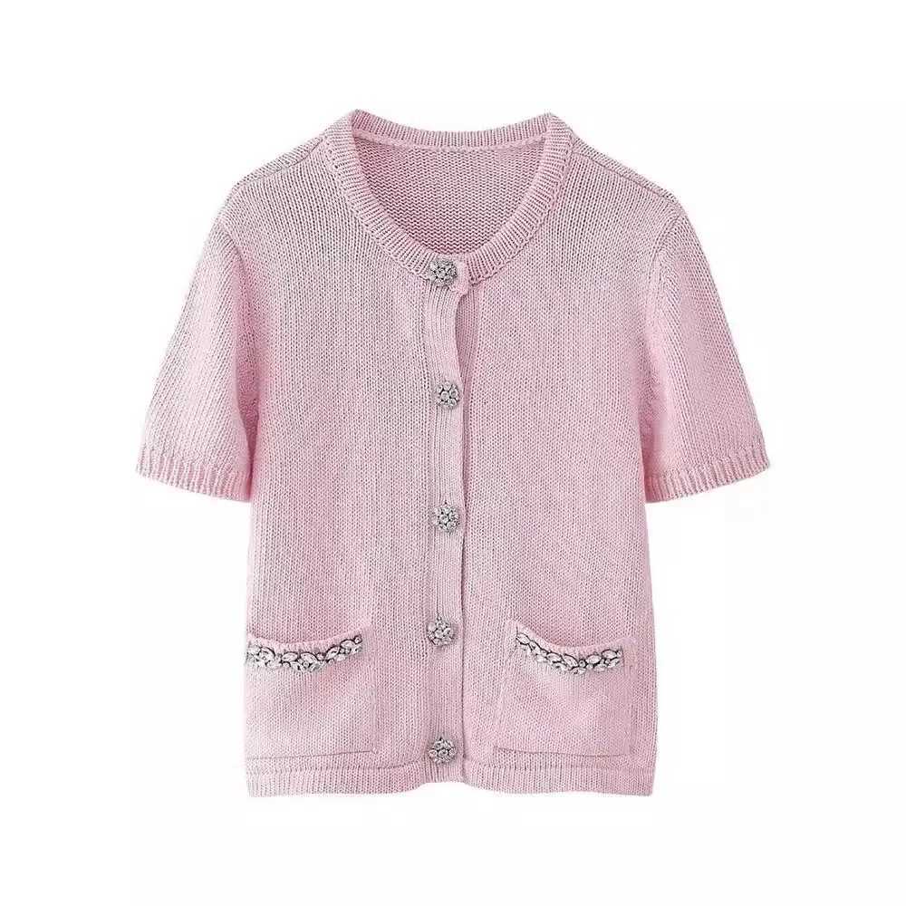 Womens Autumn Casual Knitted Cardigan Single Breasted Round Neck Pocket Cardigan Half Sleeve Womens Sweater X250724