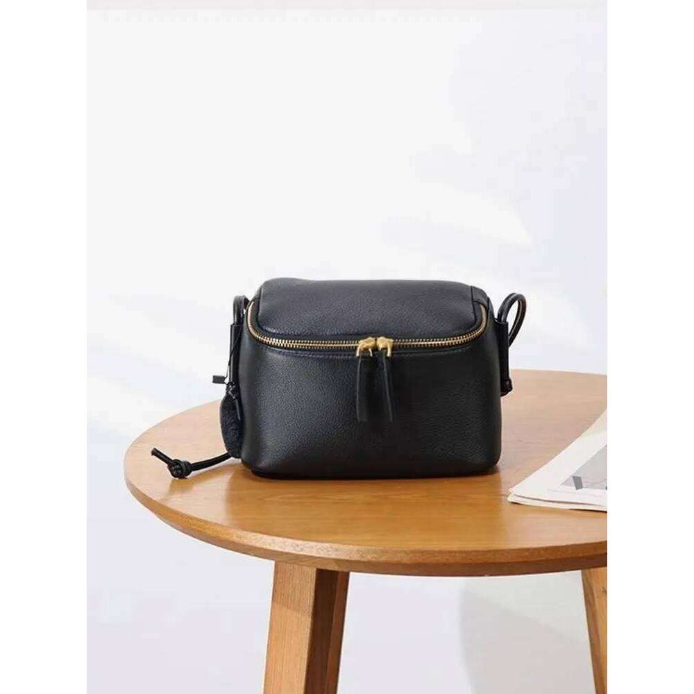 Women New Small Square Zipper Fashion Box Solid Color Genuine Leather Bag Ladies Casual Single Shoulder Crossbody Bags