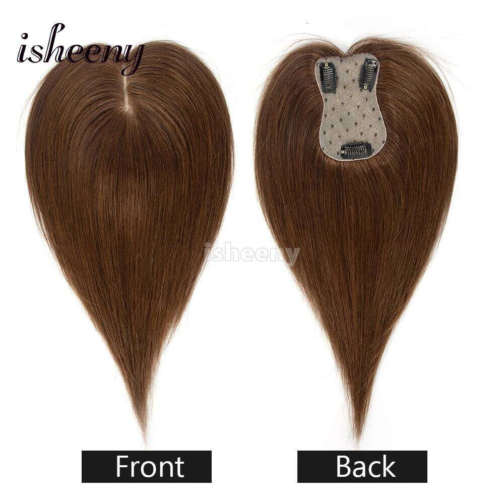 isheeny 7x11cm Brown Human Topper 8-14 inches Natural Seamless Scalp Hair Pieces No Bangs Middle Part for Women