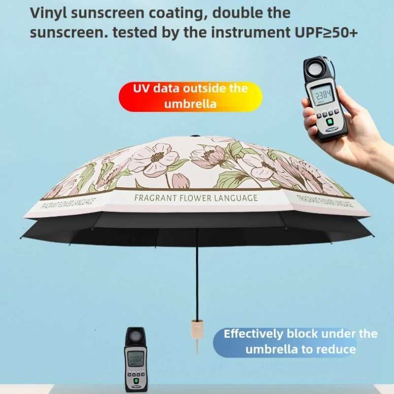 50+ Sun Umbrella Romantic Flowers Print UV Protection Umbrella Elegant Vinyl Coating Rain Parasol Sun Shade Folding Umbrellas R250724