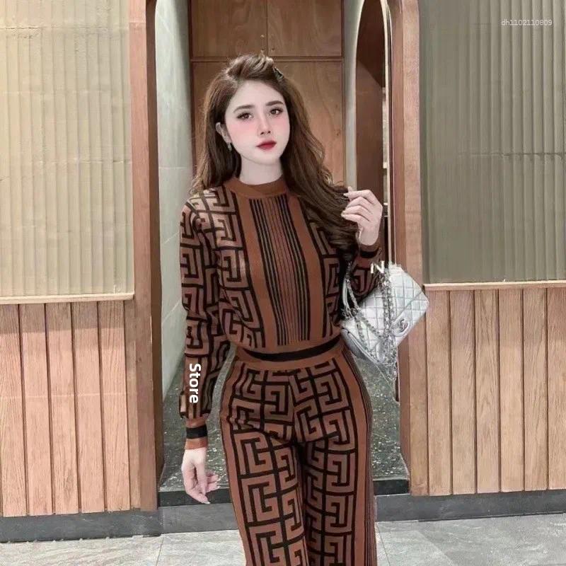 Women's Tracksuits 2025 Fashion Maze Pattern Printed Knitted Top Wide Leg Pants Women Casual Set Two Piece Comfortable Breathable TUES