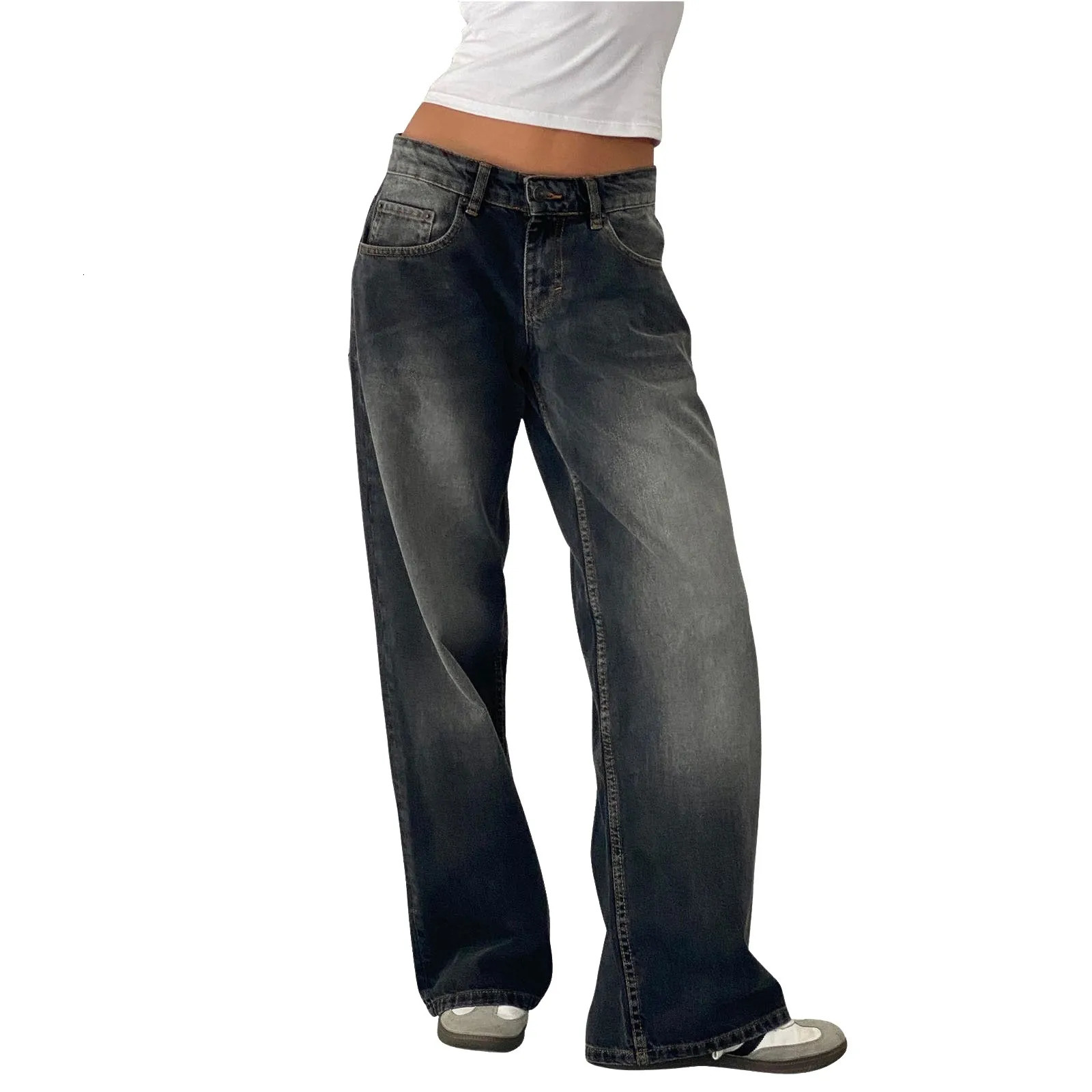 Retro Washed JeanS n Sense Mid Waisted StraightLeg Pants Loose WideLeg Mopping Jeans For Woman Jean 250717
