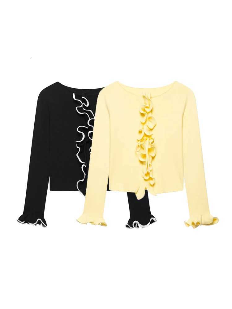 TRZA Womens Fashion Ruffle Cropped Knit Cardigan Sweater Long Sleeve Front Bow Tied Chic Outerwear Top X250724