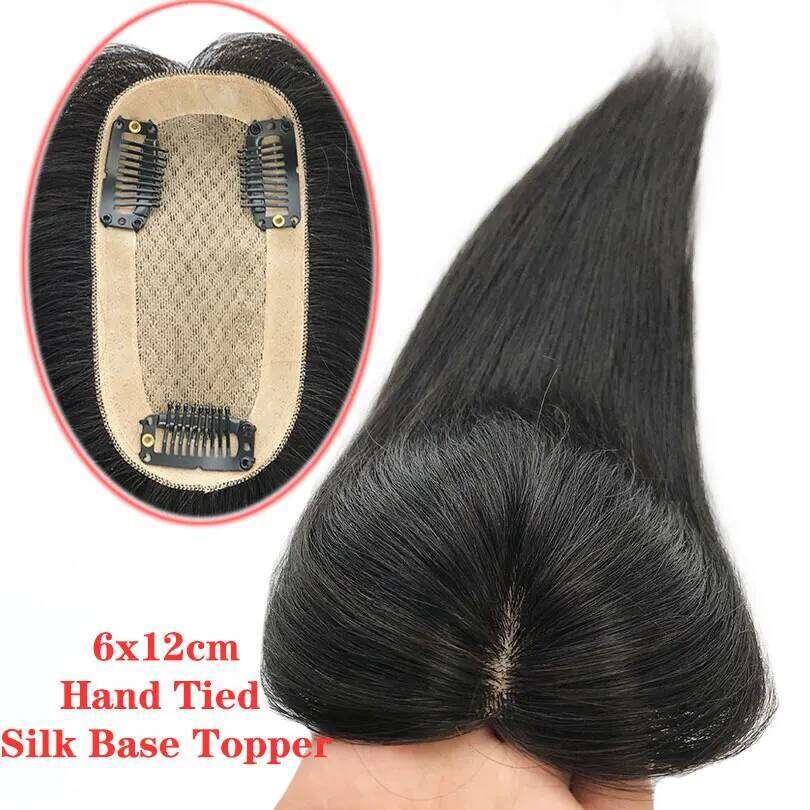 6x12cm Full Hand Made Silk Base Women Topper Virgin Hair Pieces 3 Clips in Natural Black Color Cover Hairline
