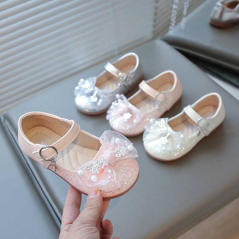 2025 Princess Shoes Mesh Lace Bow Childrens Flat Shoes Shiny Glitter Childrens Leather Shoes Round Head Sweet Hook and Loop XJ250724