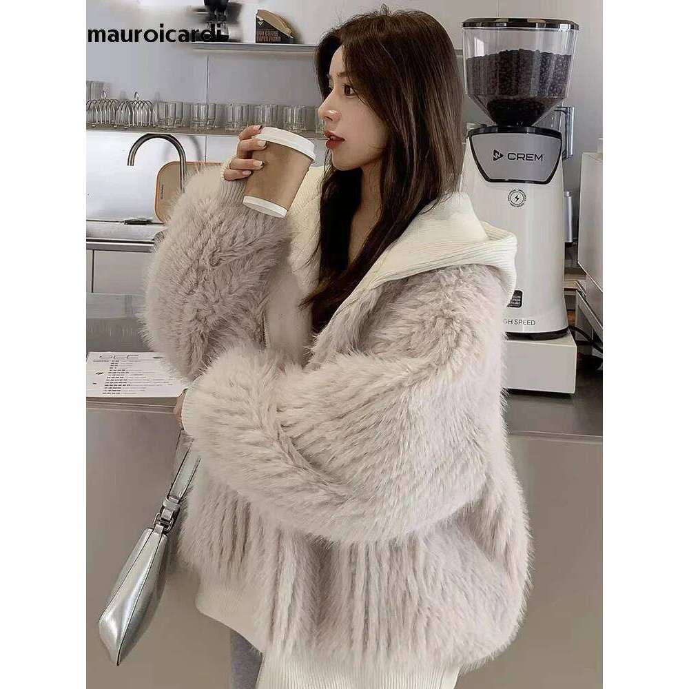 Mauroicardi Spring Winter Hairy Shaggy Soft Thick Warm Faux Fur Coat Women With Hood Fluffy Jacket Fake 2 Piece Clothes 2024