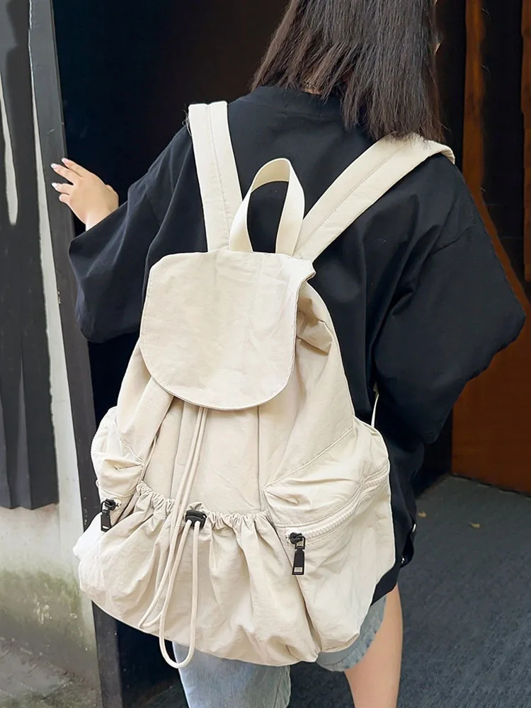 Casual Backpack Women Large Capacity Fashion Junior High School Student Pleat Schoolbag Cloth Bag Korean Travel Backpack 250723